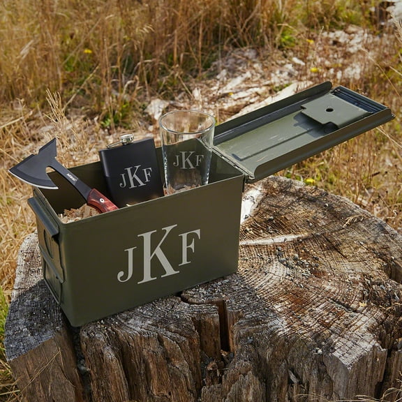 Classic Monogram Groomsmen Gift Set with Engraved Hatchet and Ammo Can