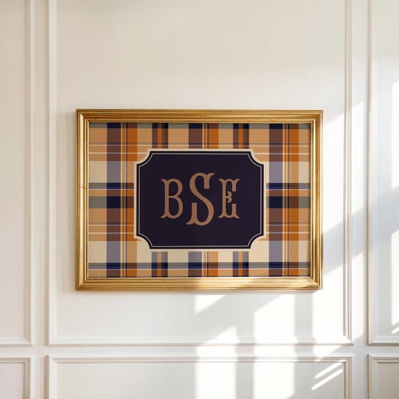 Classic Monogram Print, Elegant Plaid Monogram Print, Fall Art Print, Equestrian Monogram Print, Old Money Wall Art, Preppy Wall Art Home Decor #617, Unframed Canvas Size 16x24