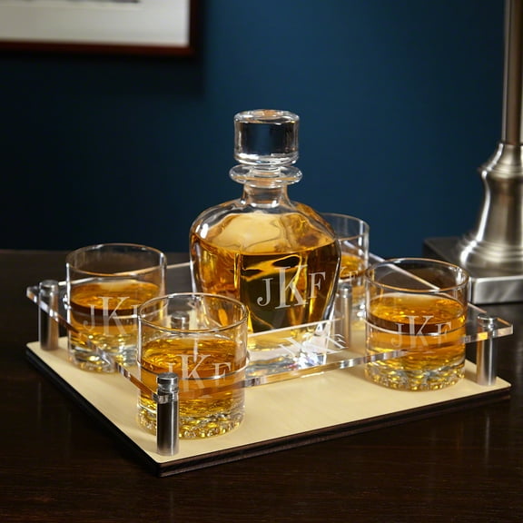 Classic Monogram Whiskey Presentation Set with Etched Decanter & Glasses