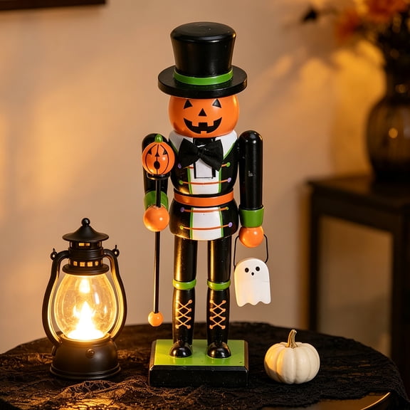 Classic Monster Nutcracker Figurine, Halloween Nutcracker, Pumpkin Nutcracker with Skeleton Staff, Spooky Halloween Table Centerpiece for Mantel, Shelf, Fireplace, Holiday Home Accent