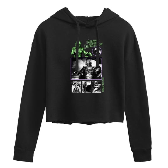Classic Monsters - Creature From The Black Lagoon - Swim At Own Risk - Black and White Photos - Juniors Cropped Pullover Hoodie