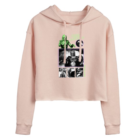 Classic Monsters - Creature From The Black Lagoon - Swim At Own Risk - Black and White Photos - Juniors Cropped Pullover Hoodie