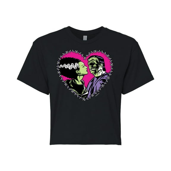 Classic Monsters - Frankenstein and Bride - Stitched Heart - Love At First Sight - Juniors Cropped Cotton Blend T-Shirt