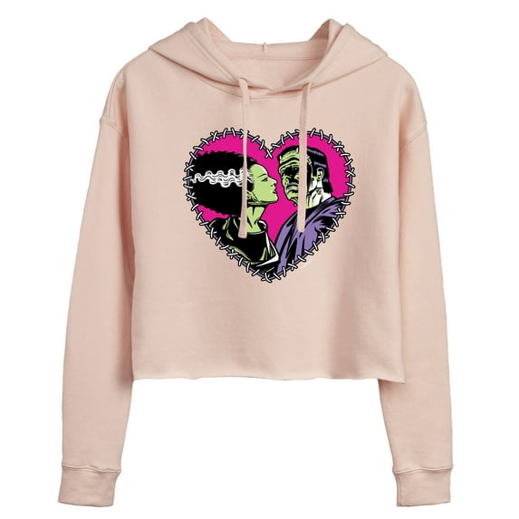 Classic Monsters - Frankenstein and Bride - Stitched Heart - Love At First Sight - Juniors Cropped Pullover Hoodie