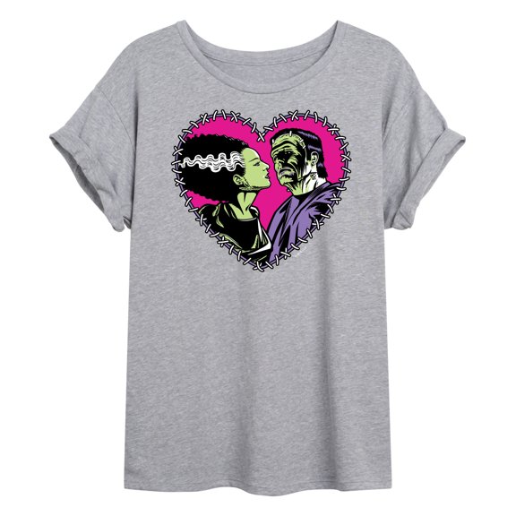 Classic Monsters - Frankenstein and Bride - Stitched Heart - Love At First Sight - Women's Oversized T-Shirt