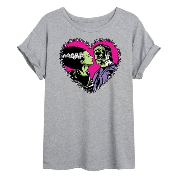 Classic Monsters - Frankenstein and Bride - Stitched Heart - Love At First Sight - Women's Oversized T-Shirt