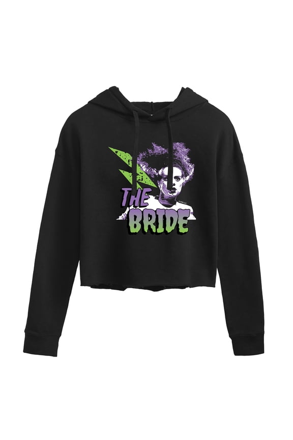 Classic Monsters - The Bride of Frankenstein - Retro Style Lightening Bolt - Juniors Cropped Pullover Hoodie