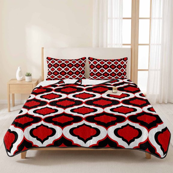 Classic Moroccan Pattern 3 Pieces Quilt Set,1 Quilt with 2 Shams,Red Geometric Plaid Bedspread Soft Lightweight Bedding Coverlet Comforter Set for All Season 96"x106"
