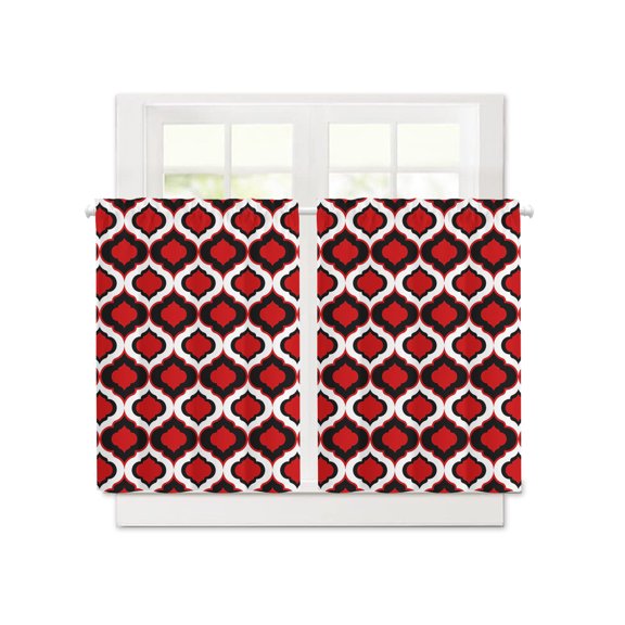 Classic Moroccan Pattern Short Blackout Curtains 36 Inch Long,Red Geometric Plaid Rod Pocket Kitchen Curtains,2 Panels Thermal Insulated Room Darkening Drapes for Bedroom,30"Wx36"L