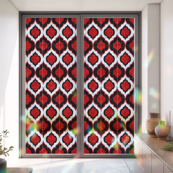 Classic Moroccan Pattern Window Privacy Film, Rainbow Film Decorative Window Sticker 35.4x78.7in, Red Geometric Plaid Sun Blocking Static Stained Glass Cling Tint Non-Adhesive