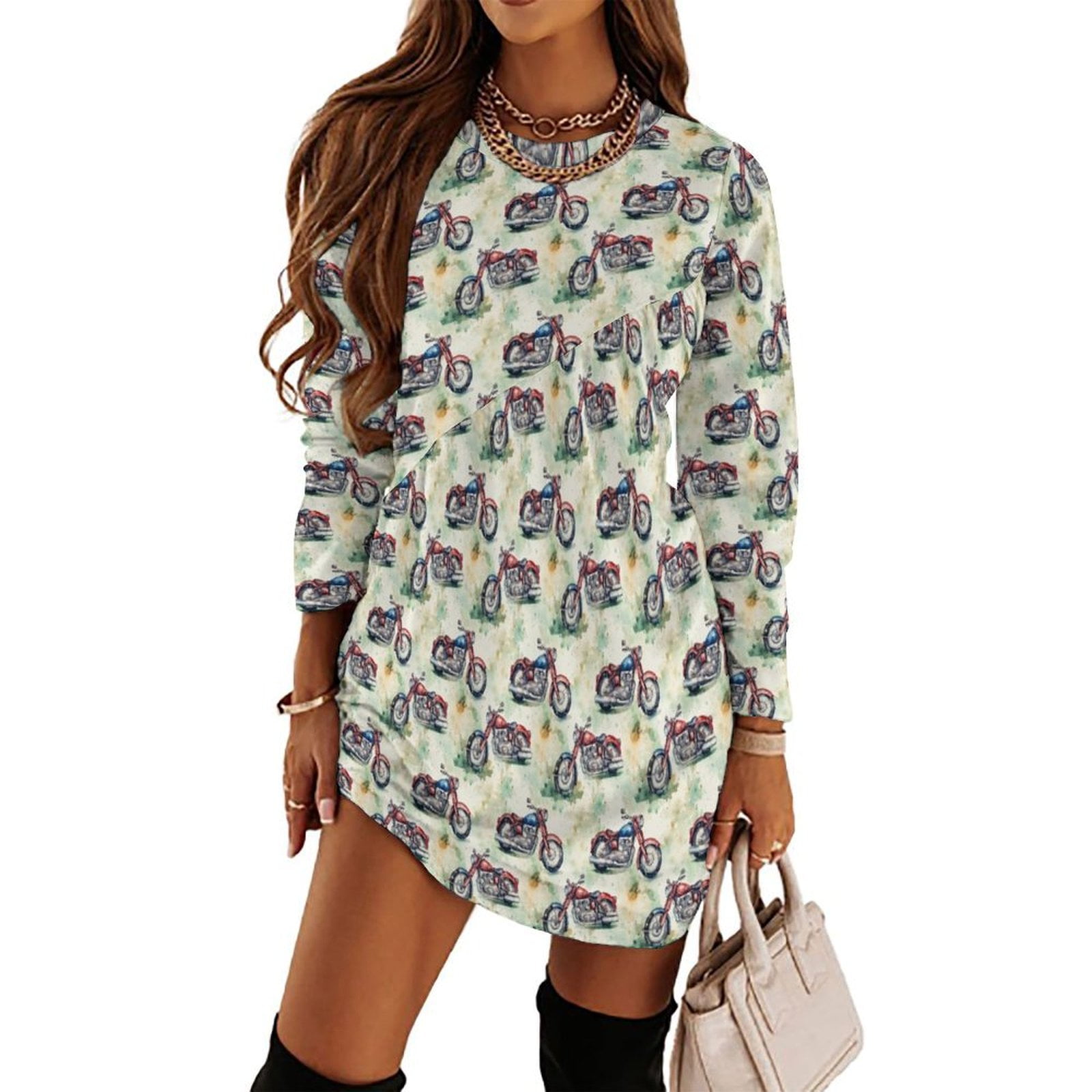 Classic Motorcycle Seamless Patterns Digital Art Long Sleeved Dress ...