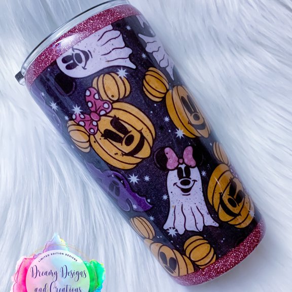 Classic Mouse Halloween Tumbler, Ghost & Pumpkin Design, Glitter Edges, 20 oz