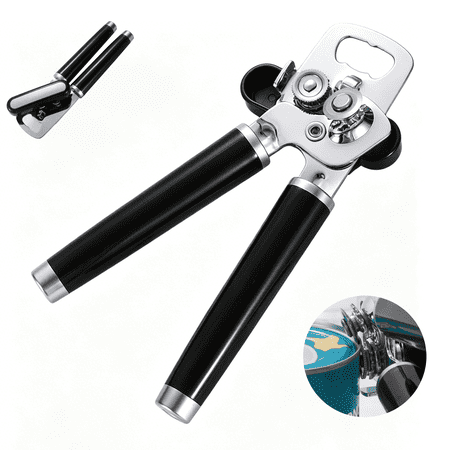 Classic Multifunction Can Opener and Bottle Opener – Easy to Use, Razor Sharp Stainless Steel Cutting Wheel – Soft Ergonomic Handles – Black