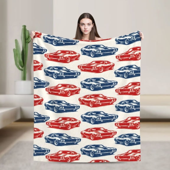 Classic Muscle Car Blanket Featuring Vintage Coupes in Red or Blue for Automotive Enthusiasts 50x40 in