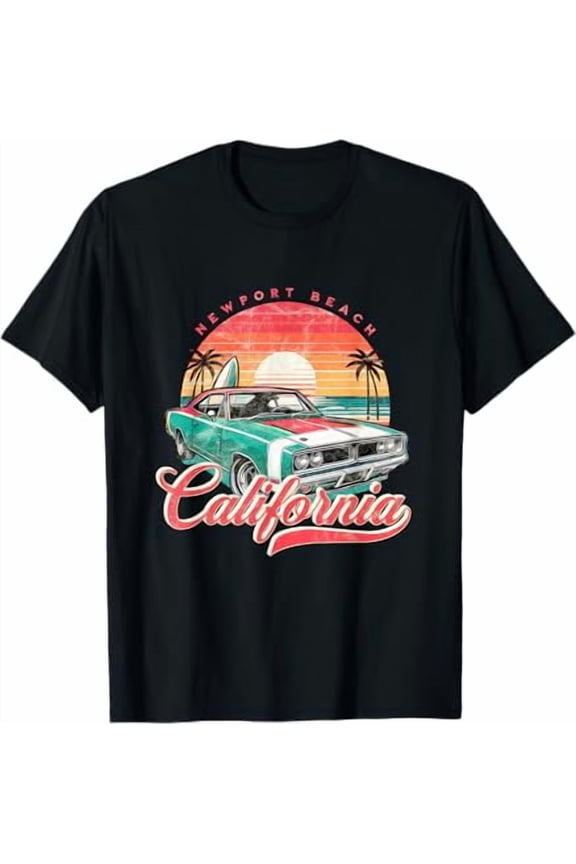 Classic Muscle Car Retro Newport Beach California Surfer Sun T-Shirt