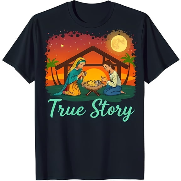Classic Nativity Scene Graphic on Black T-Shirt True Story Design