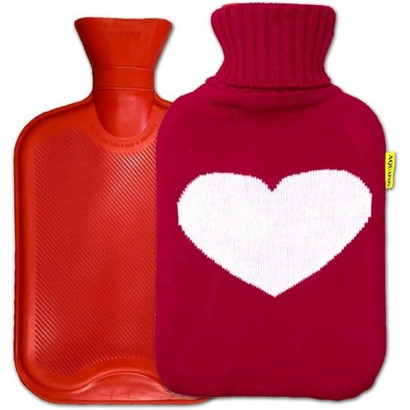 Classic Natural Rubber Hot Water Bottle with Big Heart Red Knit Cover , 2 Liters 1/2 Gal
