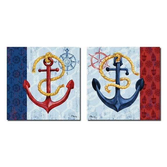 Classic Nautical Anchor Compass Wheel and Rope Prints; Two 12x12in Poster Prints. Red/Blue