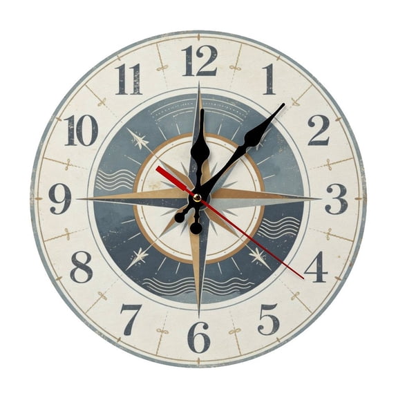Classic Nautical Compass 5mm Thick Solid Wood Wall Clock, Quiet Quartz Movement Easy Install Hanging Clock