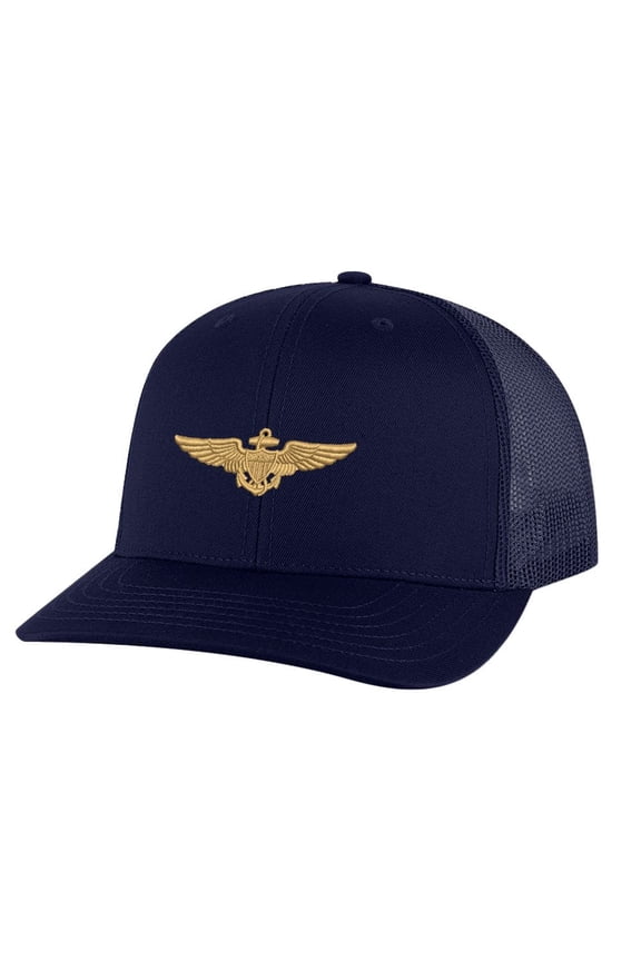 Aviation Trucker Hat - Navy Aviator Cap with Gold Embroidered Wings - Military Aviator Hat Snapback (NavyBlue)