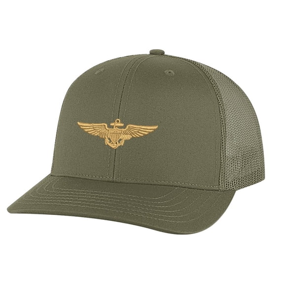 Aviation Trucker Hat - Navy Aviator Cap with Gold Embroidered Wings - Military Aviator Hat Snapback (Olive)