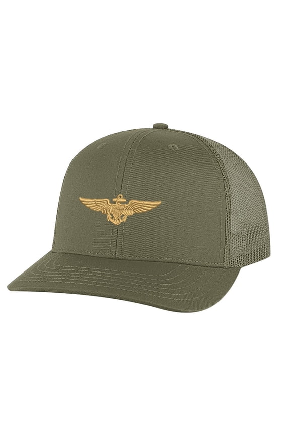 Aviation Trucker Hat - Navy Aviator Cap with Gold Embroidered Wings - Military Aviator Hat Snapback (Olive)