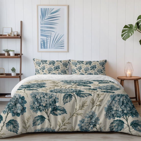 Classic Navy Blue Hydrangea California King Size Bed Set,Floral on Retro Background Bedding for All Seasons,4 Pcs Bed Set with 1 Quiltcover (96"x104"),1 Sheet (110"x98"),2 Pillowcases (20"x36")