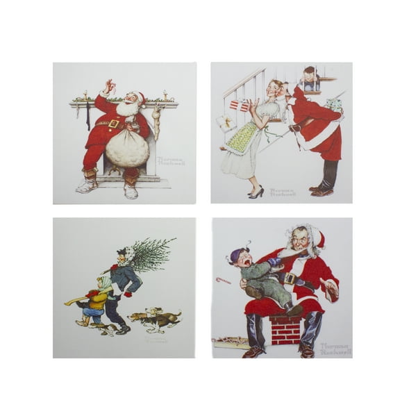 Classic Norman Rockwell Christmas Scene 8 in x 8 in Painting Canvas Art Print, by Northlight Set of 4