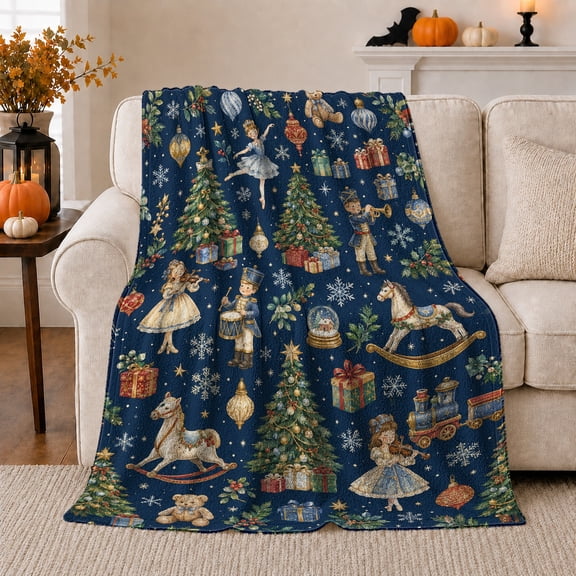 Classic Nutcracker Toy decorative motif Ballerina Christmas Pattern, Festive Holiday Scene, Warm Flannel Blanket for Ranch House and Living Room, Horse Lovers Christmas Gift, Rustic Home Decor