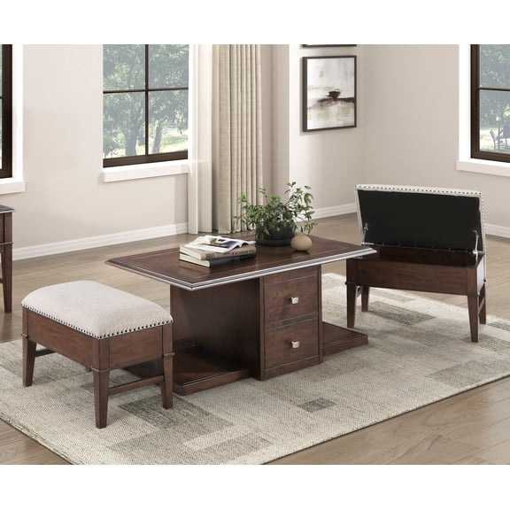 Classic Occasional 3pc Set Cocktail Table with Drawers Base and Two Storage Ottomans Brown Finish Living Room Furniture