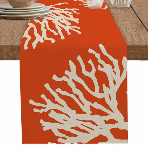 Classic Ocean Beige Coral on Orange Table Runner-70 Inch Long Abstract Marine Table Runners Linen Burlap Tablerunner for Kitchen Dining Room Holiday Party