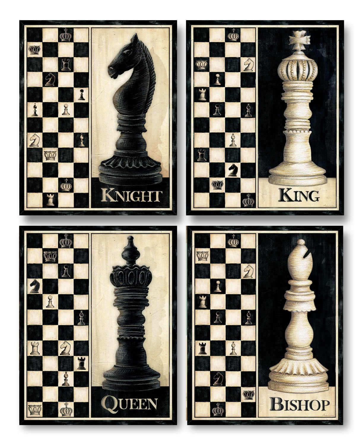 Classic Black and Off-White Chess Piece Prints Set