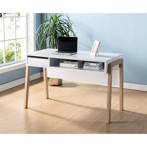 Classic Office Desk With Hidden Shelve, Drawer And /outlet - White Advanced In
