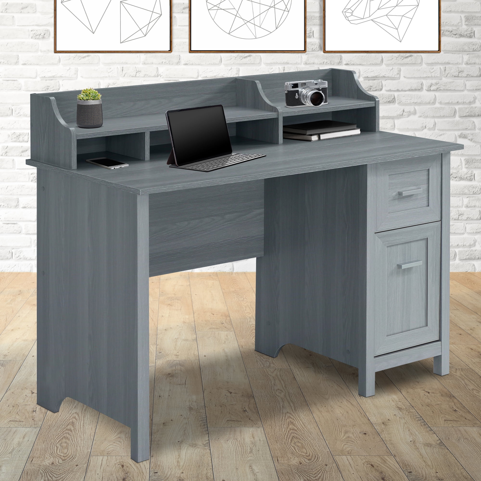 Modern Gray Wood-Design Office Desk with Hutch and Drawers