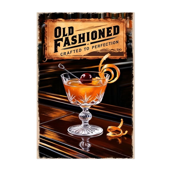 Classic Old Fashioned Art: Rustic Drink Poster - Illustration Cocktail Vintage Typography Bar Rustic Kitchen Decor Unframed Wall Art Print 4 x 6 inches