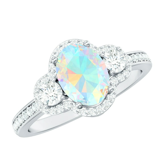 Rosec Jewels Classic Opal Ring for Women, Ethiopian Opal Ring with Diamond, 14K White Gold, US 3.00