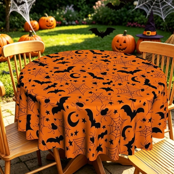 Classic Orange Black Bat Spider Web Halloween Pattern Round Tablecloth, Polyester, 35/50/60/70 inch, For Indoor Outdoor & Home Holiday Decor