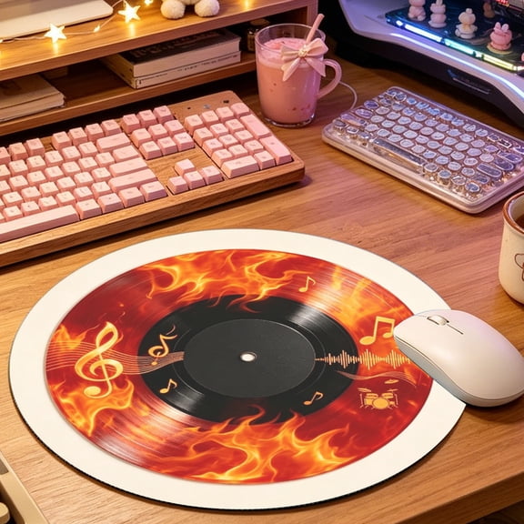 Classic Orange Red Flame Vinyl Record Round Mouse Pad, 2D Printed Mat for Office Gaming (8.66in), Desktop Decor & Festival Gift