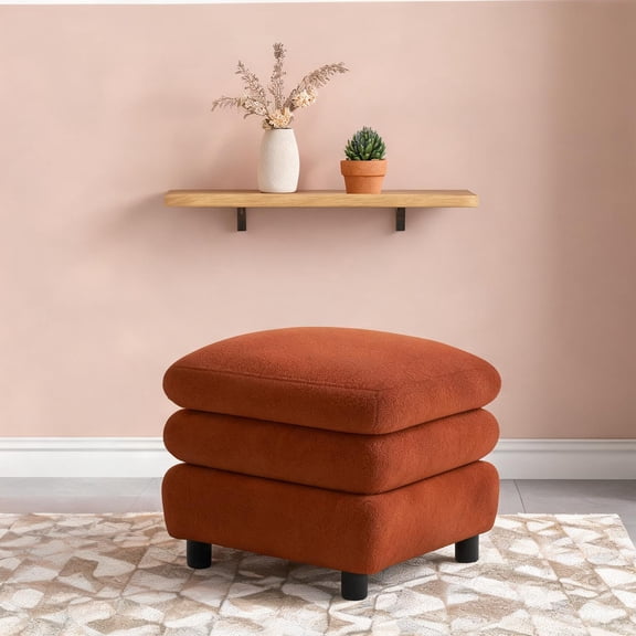 Classic Orange Teddy Fleece Curved Ottoman Foot Rest Extra Seating for Contemporary Transitional Spaces