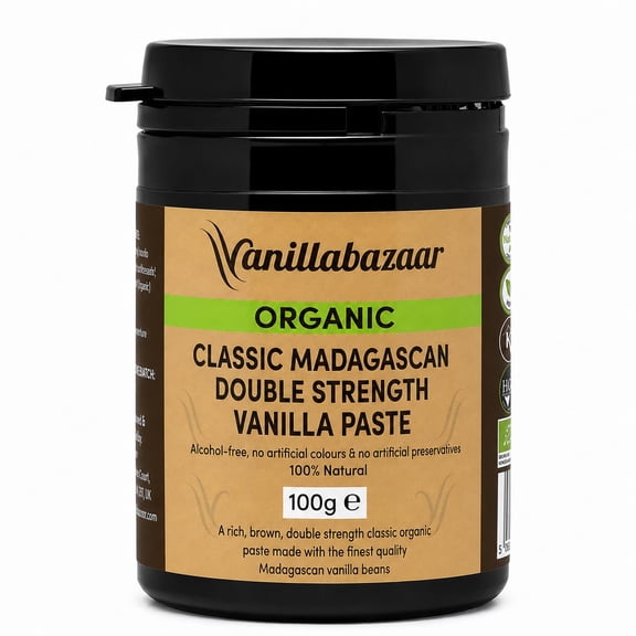 Classic Organic Madagascan Vanilla Paste Double Strength with Seeds (100g) | Natural, Kosher, Halal & Organic Certified, Vegan, Alcohol-Free | Premium Ingredient with Extra Seeds | Vanillabazaar