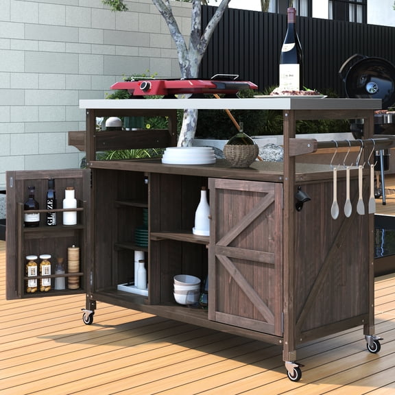 Classic Outdoor Kitchen Island With Gas Line Hole & Adjustable Shelves Modern - Stainless Steel Top Open Compartment