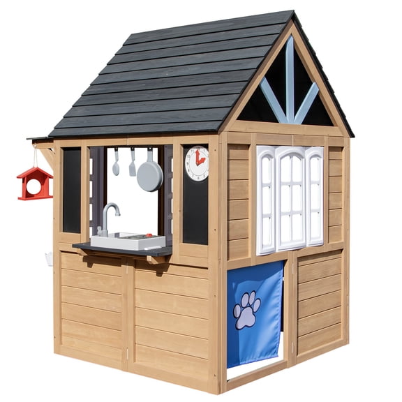Classic Outdoor Playhouse Wooden Cottage Versatile with Windows,Reversible Bench,Play Kitchen,Chalkboard,Flower Pot,Birdcage,Pet Door Fun Play Backyard Garden Playground