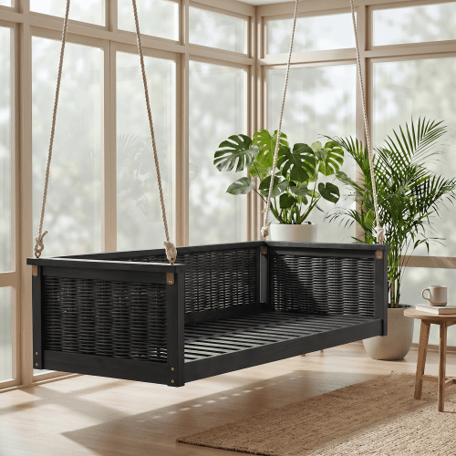 Classic Outdoor Swing Bed, Twin Size Acacia Wood and Rattan Porch Swing with Hanging Ropes, Patio Swing Frame for Backyard Poolside Garden, Black