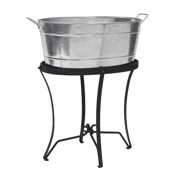Classic Oval Galvanized Tub with Folding Stand, Galvanized Steel & Black