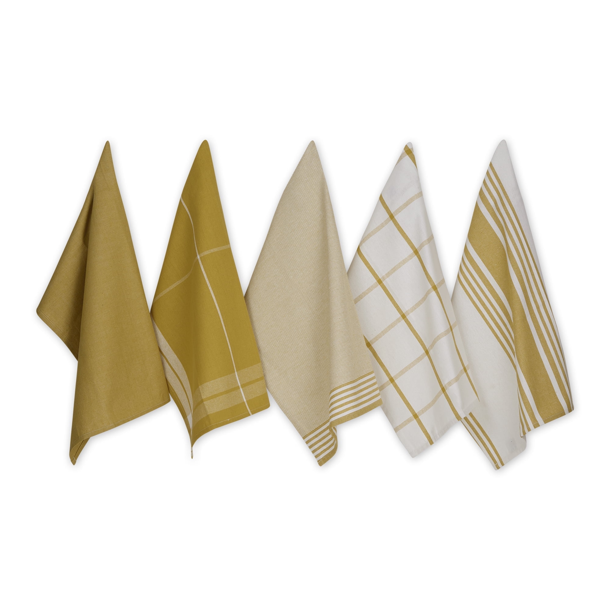 Oversized Lemongrass and Beige Cotton Dishtowels Set of 5