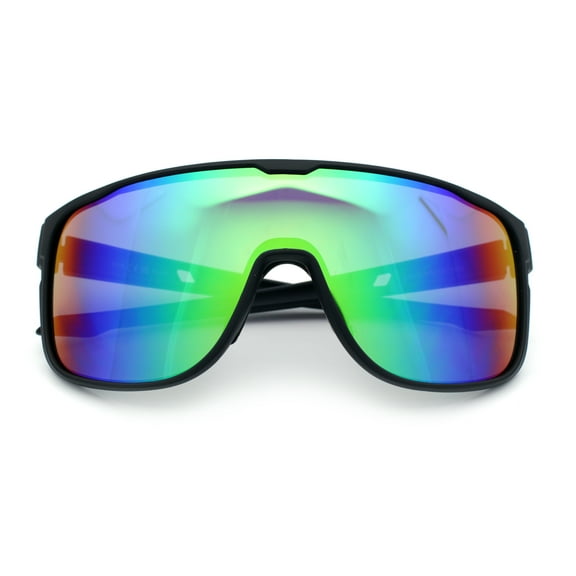 Classic Oversized Mens Shield Sport Plastic Minimal Color Mirror Lens Sunglasses Black - Green Mirror
