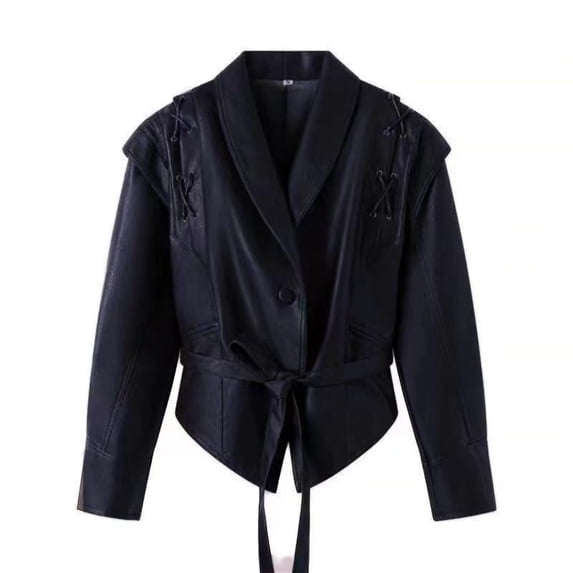 Classic PU Cropped Lapel Style Jacket (L, Black)