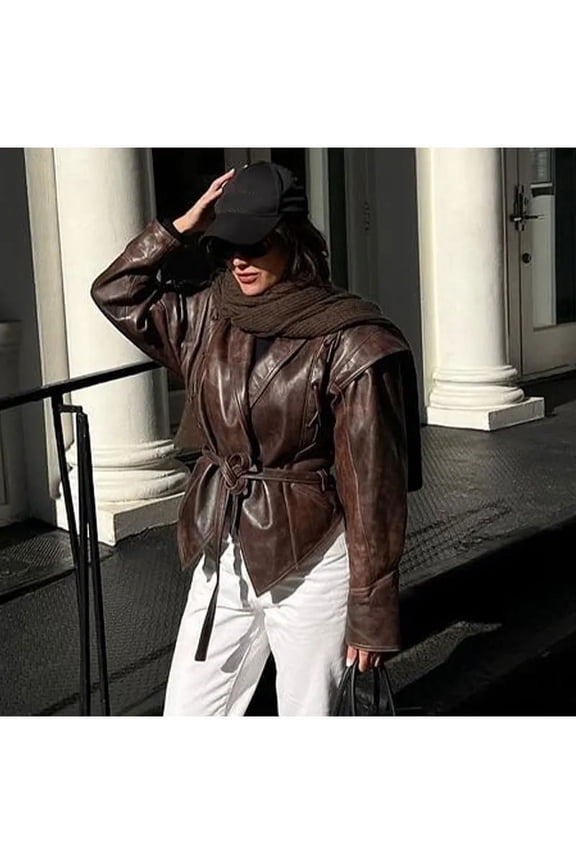 Classic PU Cropped Lapel Style Jacket (M, Brown)