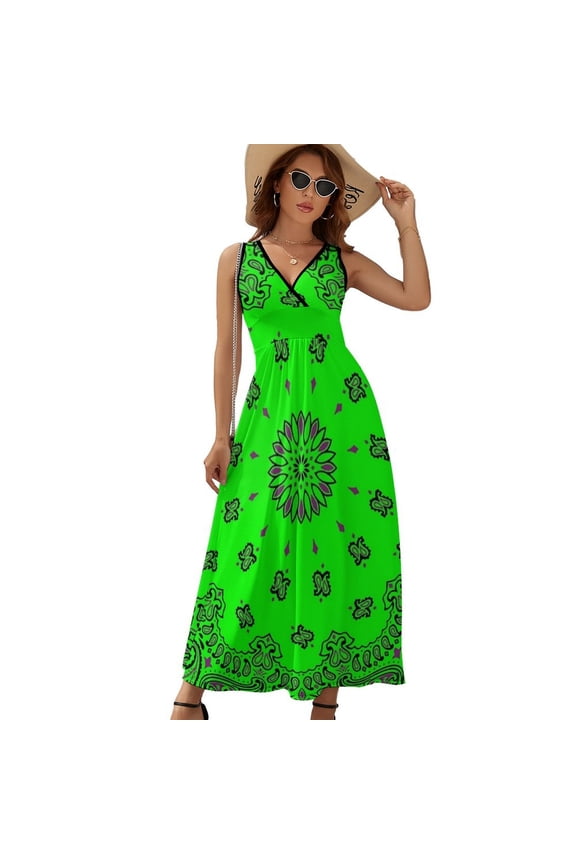 Classic Paisley Bandana, Neon Green, Purple And Black Dress Fashion Boho Beach Long Dresses Female Party Printed Maxi Dress
