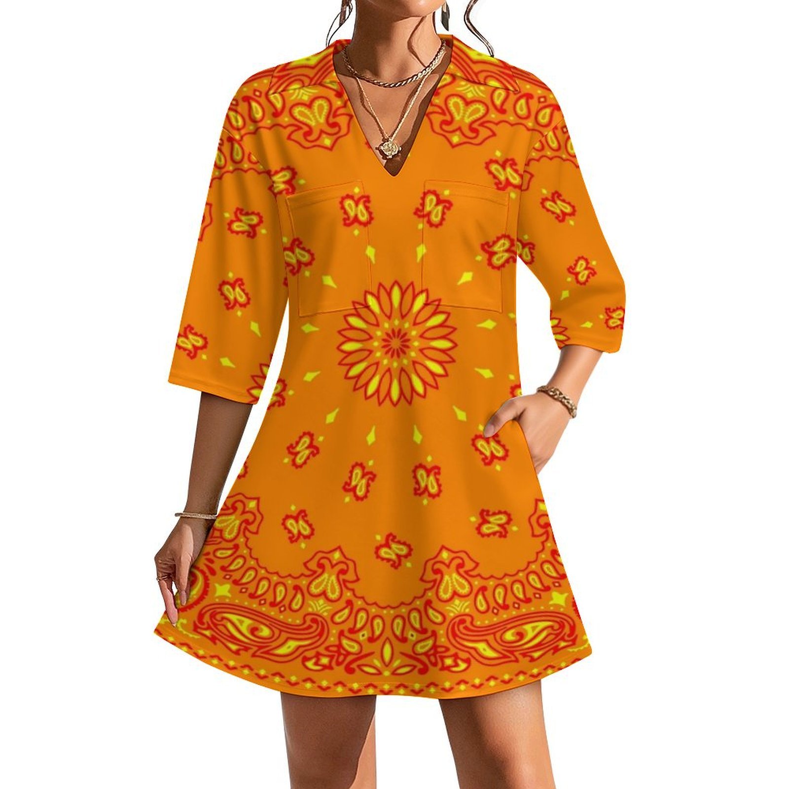 Women's  Cold Shoulder 3/4 Sleeve Dress - Ivory Orange - Plus main image 1